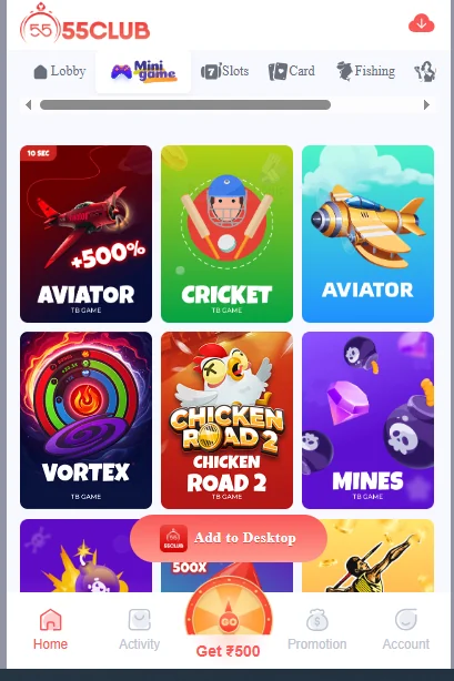 55Club game categories overview for Indian users